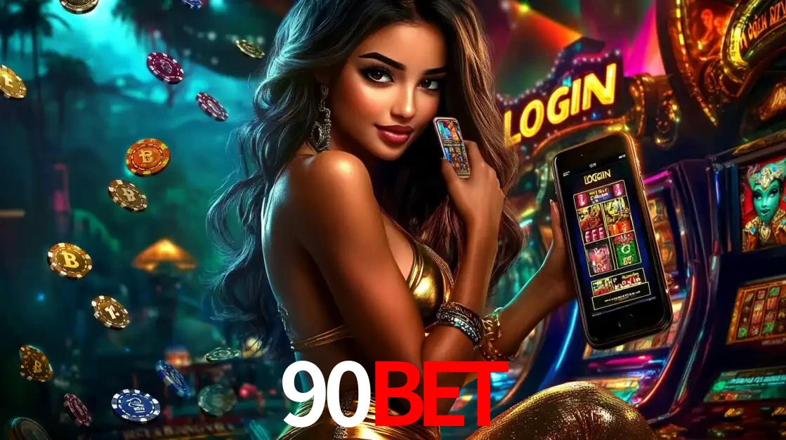 Mulher em um cenário de cassino temático de aventura, mostrando o app de caça-níqueis da 90BET no celular. Fichas de apostas flutuam ao redor.