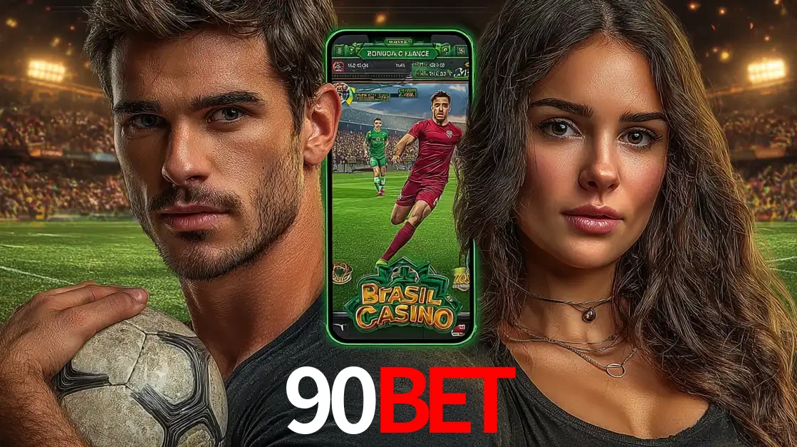 Homem segurando uma bola de futebol e uma mulher ao lado de um smartphone exibindo o jogo de apostas esportivas da 90BET. Faça seu palpite no cassino online.